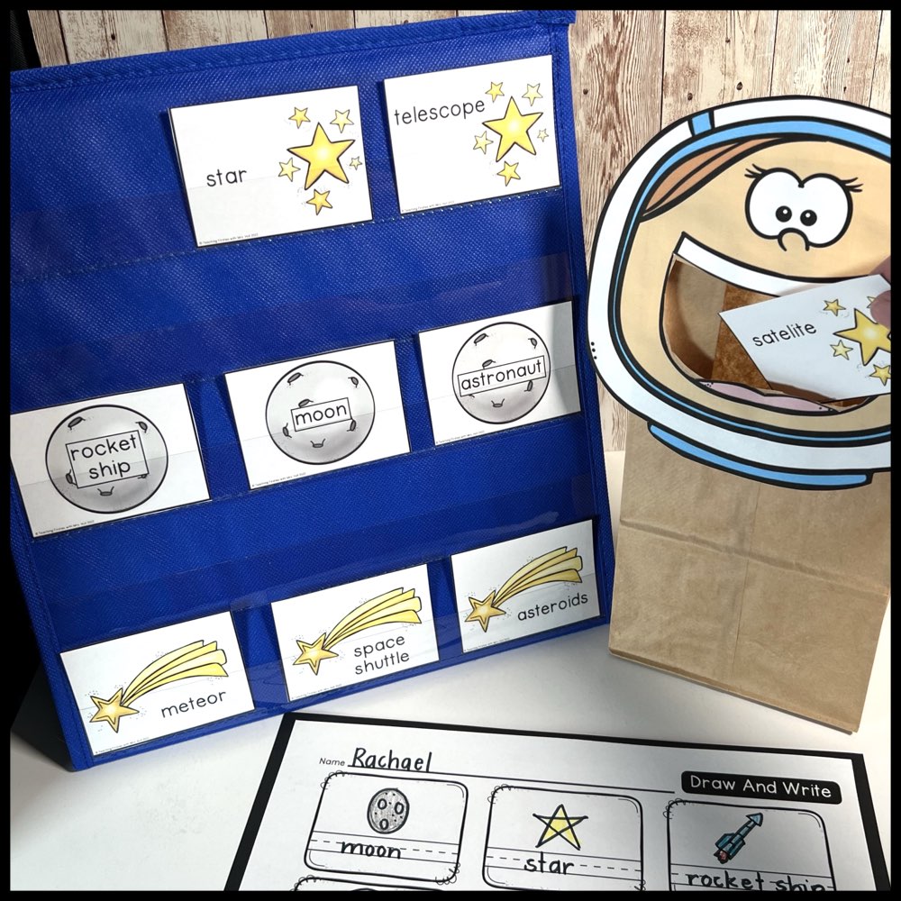 an interactive writing center with a puppet and word cards for first grade independent writing centers